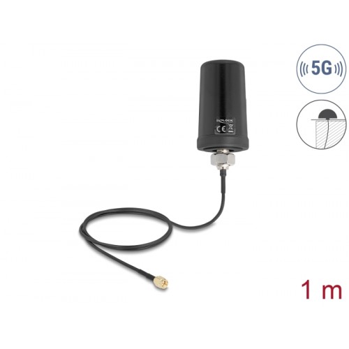Delock 5G LTE GNSS WiFi 6 Antenna SMA plug 1.1 - 4.0 dBi omnidirectional with connection cable ULA100 1 m roof mounting outdoor 
