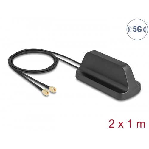 Delock 5G LTE GNSS WiFi 6 MIMO Antenna 2 x SMA plug 2.1 - 3.0 dBi omnidirectional with magnetic base and connection cable ULA100