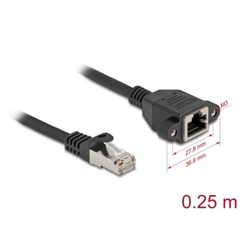 Delock Network Extension Cable S/FTP RJ45 plug to RJ45 jack Cat.6A 0.25 m flat design black