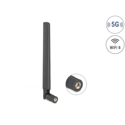 Delock 5G LTE GNSS WiFi 6 Antenna SMA plug 0.9 - 4.1 dBi 183 mm omnidirectional with tilt joint black