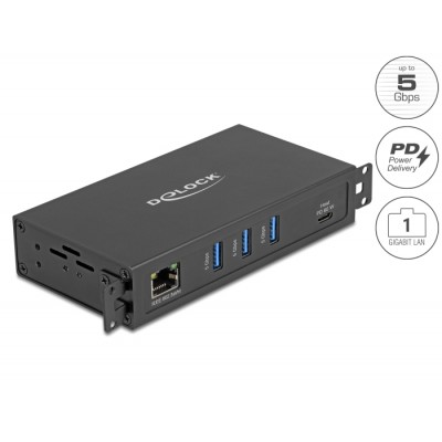 Delock 3 Port USB 5 Gbps Hub + RJ45 Gigabit LAN PoE++ Port with USB Type-C™ host-connector in metal case and 1.5 kV Isolation