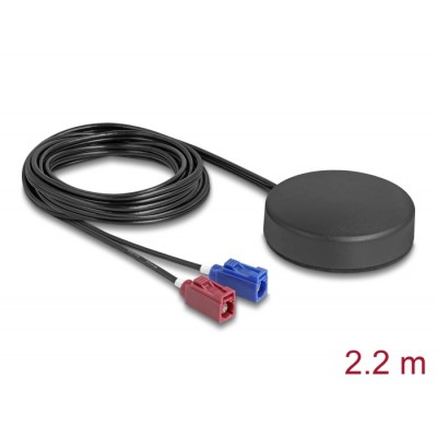 Delock 4G GNSS Antenna 1 x FAKRA C + 1 x FAKRA D jack 2 dBi / 28 dB 2.2 m RG-174 omnidirectional roof mount black outdoor