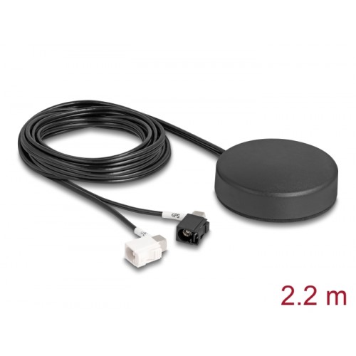 Delock 4G GNSS Antenna 1 x FAKRA A + 1 x FAKRA B jack 2 dBi / 28 dB 2.2 m RG-174 omnidirectional roof mount black outdoor