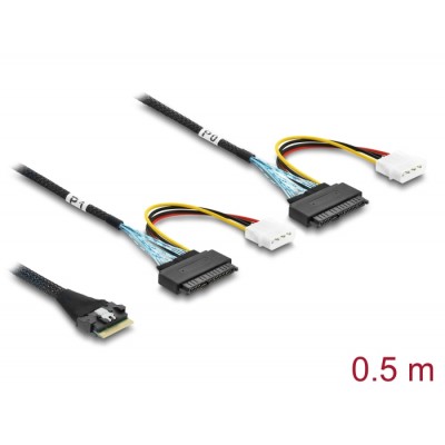 Delock PCIe 4.0 Cable Slim SAS SFF-8654 8i to 2 x U.2 SFF-8639 female + power connector 0.5 m
