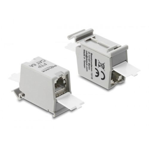Delock RJ45 Coupler Cat.6A jack to jack with dust protection cap for DIN rail mounting, shielded grey / white