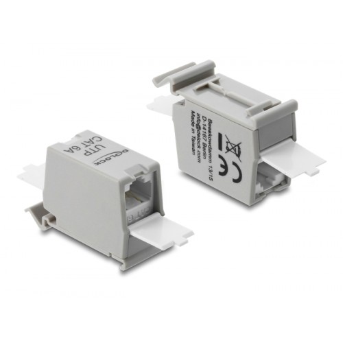 Delock RJ45 Coupler Cat.6A jack to jack with dust protection cap for DIN rail mounting, unshielded grey / white