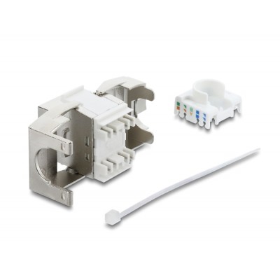 Delock Keystone Module RJ45 jack to LSA Cat.6A toolfree shielded metal silver / white 2