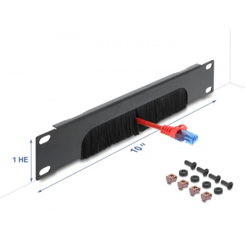 Delock 10″ Cable Management Brush Strip open at the bottom 1U dark grey