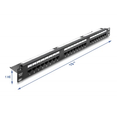 Delock 19″ 1U Patch Panel 24 port Cat.6 with LED and strain relief rail unshielded black