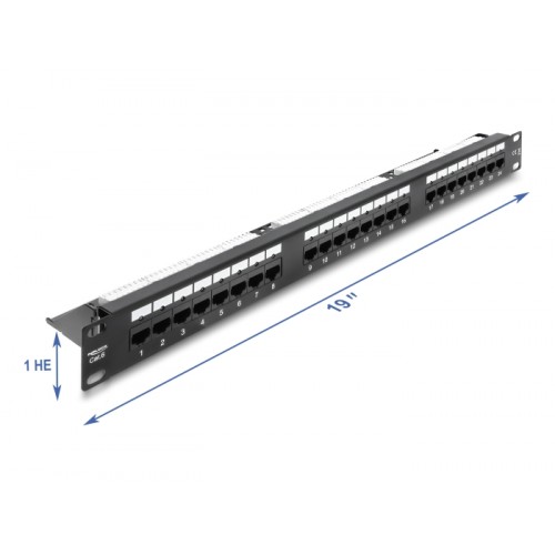 Delock 19″ 1U Patch Panel 24 port Cat.6 with LED and strain relief rail unshielded black