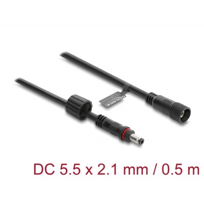 Delock DC Extension Cable 5.5 x 2.1 mm male to female with screw cap M12 x 1.75 mm thread waterproof 18 AWG 0.5 m black