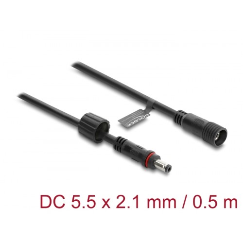 Delock DC Extension Cable 5.5 x 2.1 mm male to female with screw cap M12 x 1.75 mm thread waterproof 18 AWG 0.5 m black