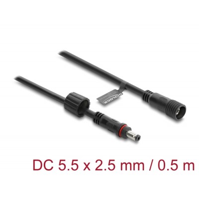 Delock DC Extension Cable 5.5 x 2.5 mm male to female with screw cap M12 x 1.75 mm thread waterproof 18 AWG 0.5 m black
