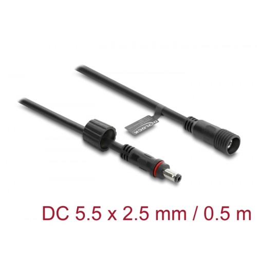 Delock DC Extension Cable 5.5 x 2.5 mm male to female with screw cap M12 x 1.75 mm thread waterproof 18 AWG 0.5 m black