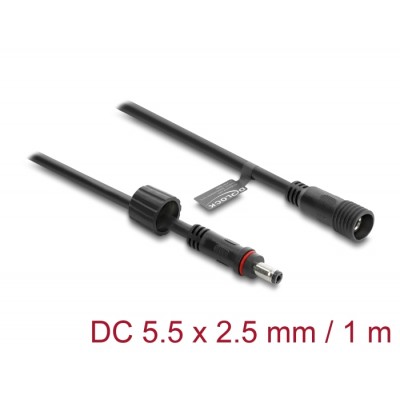 Delock DC Extension Cable 5.5 x 2.5 mm male to female with screw cap M12 x 1.75 mm thread waterproof 18 AWG 1 m black