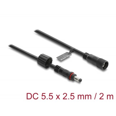 Delock DC Extension Cable 5.5 x 2.5 mm male to female with screw cap M12 x 1.75 mm thread waterproof 18 AWG 2 m black