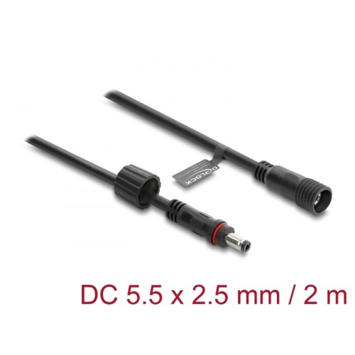 Delock DC Extension Cable 5.5 x 2.5 mm male to female with screw cap M12 x 1.75 mm thread waterproof 18 AWG 2 m black