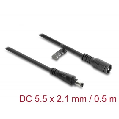 Delock DC Extension Cable 5.5 x 2.1 mm male to female with bayonet lock 18 AWG 0.5 m black