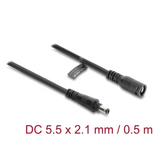 Delock DC Extension Cable 5.5 x 2.1 mm male to female with bayonet lock 18 AWG 0.5 m black
