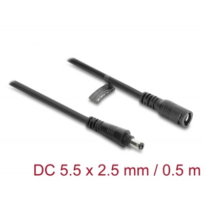Delock DC Extension Cable 5.5 x 2.5 mm male to female with bayonet lock 18 AWG 0.5 m black