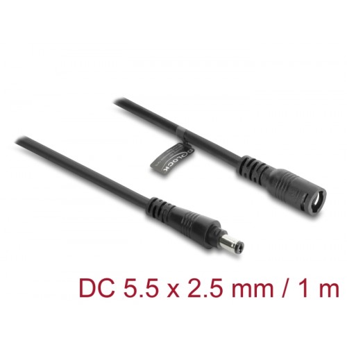 Delock DC Extension Cable 5.5 x 2.5 mm male to female with bayonet lock 18 AWG 1 m black
