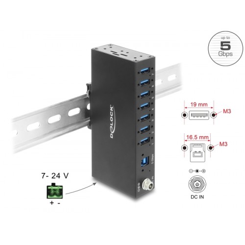 Delock Industry Hub 7 x USB 5 Gbps Type-A with 8 kV ESD protection and DIN rail mounting