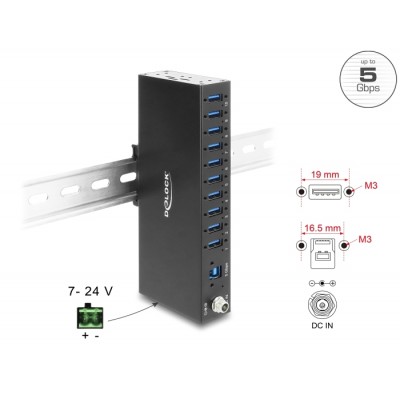 Delock Industry Hub 10 x USB 5 Gbps Type-A with 8 kV ESD protection and DIN rail mounting