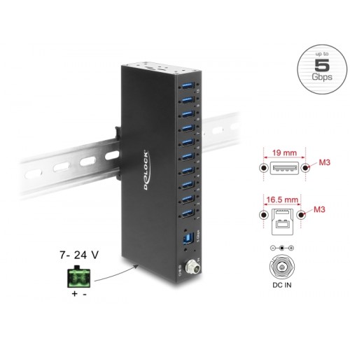 Delock Industry Hub 10 x USB 5 Gbps Type-A with 8 kV ESD protection and DIN rail mounting