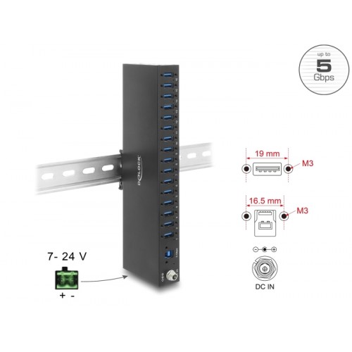 Delock Industry Hub 16 x USB 5 Gbps Type-A with 8 kV ESD protection and DIN rail mounting