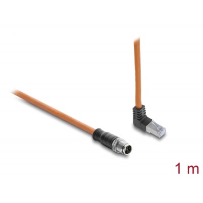 Delock M12 Cable X-coded 8 pin male straight to RJ45 plug angled upwards S/FTP shielded 1 m orange