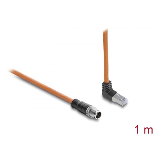 Delock M12 Cable X-coded 8 pin male straight to RJ45 plug angled upwards S/FTP shielded 1 m orange