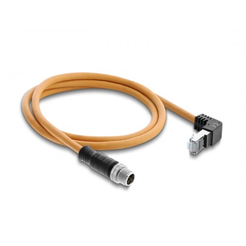 Delock M12 Cable X-coded 8 pin male straight to RJ45 plug angled upwards S/FTP shielded 1 m orange