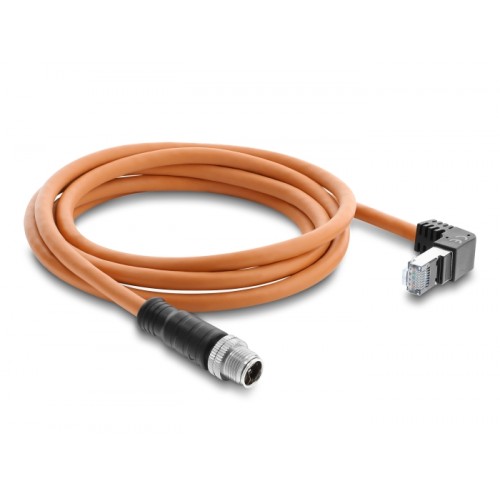 Delock M12 Cable X-coded 8 pin male straight to RJ45 plug angled upwards S/FTP shielded 2 m orange