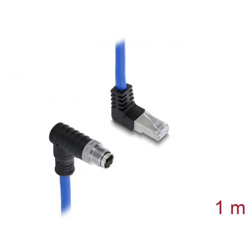 Delock M12 Cable X-coded 8 pin male angled downwards to RJ45 plug angled upwards S/FTP shielded 1 m blue