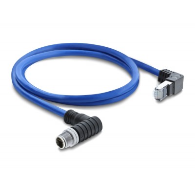 Delock M12 Cable X-coded 8 pin male angled downwards to RJ45 plug angled upwards S/FTP shielded 1 m blue 2