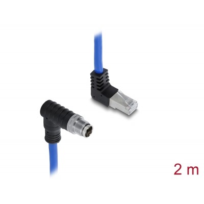 Delock M12 Cable X-coded 8 pin male angled downwards to RJ45 plug angled upwards S/FTP shielded 2 m blue