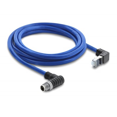 Delock M12 Cable X-coded 8 pin male angled downwards to RJ45 plug angled upwards S/FTP shielded 2 m blue 2