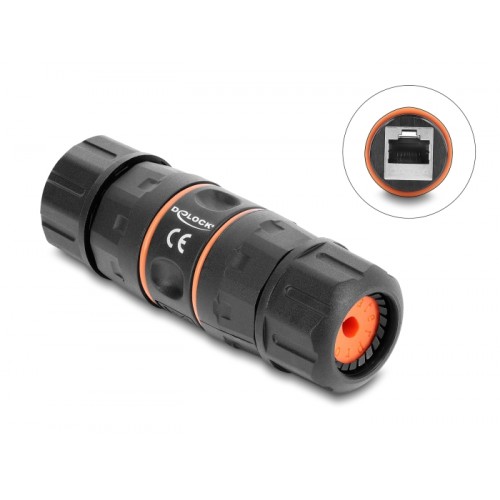 Delock Cable Connector RJ45 jack to RJ45 jack Cat.6A with M23.5 x 1.5 mm thread, short design, IP68 dust and waterproof
