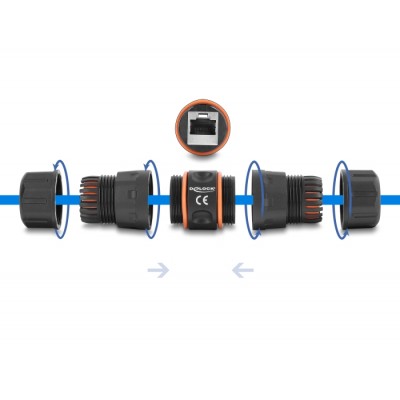 Delock Cable Connector RJ45 jack to RJ45 jack Cat.6A with M23.5 x 1.5 mm thread, short design, IP68 dust and waterproof 2