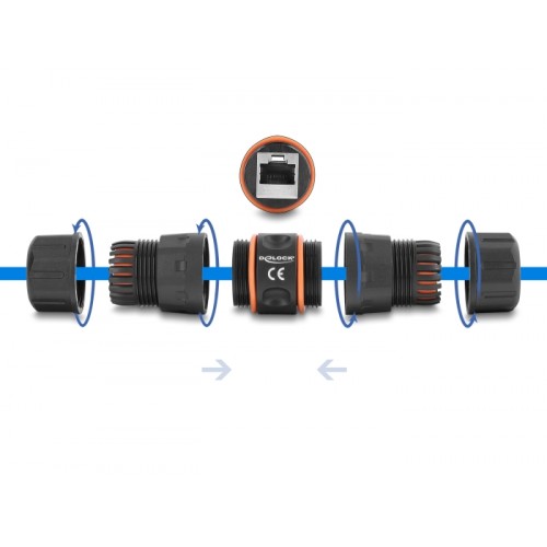 Delock Cable Connector RJ45 jack to RJ45 jack Cat.6A with M23.5 x 1.5 mm thread, short design, IP68 dust and waterproof