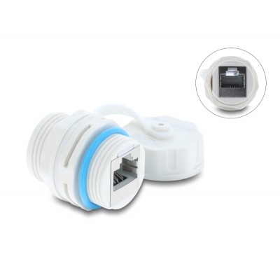 Delock Cable Connector RJ45 jack to RJ45 jack Cat.6A with M23.5 x 1.5 mm thread and protective cap IP68 dust and waterproof whit