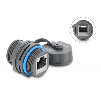 Delock Cable Connector RJ45 jack to RJ45 jack Cat.6A with M23.5 x 1.5 mm thread and protective cap IP68 dust and waterproof grey