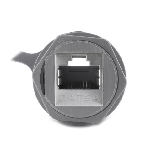 Delock Cable Connector RJ45 jack to RJ45 jack Cat.6A with M23.5 x 1.5 mm thread and protective cap IP68 dust and waterproof grey