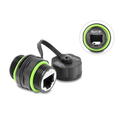 Delock Cable Connector RJ12 jack to RJ12 jack with M20 x 1.5 mm thread and protective cap IP68 dust and waterproof