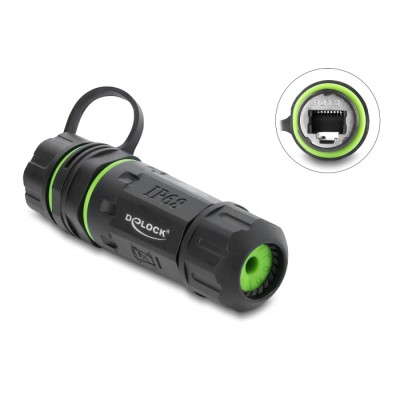 Delock Cable Connector RJ12 jack to RJ12 jack with M20 x 1.5 mm thread with protective cap and housing IP68 dust and waterproof