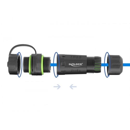 Delock Cable Connector RJ12 jack to RJ12 jack with M20 x 1.5 mm thread with protective cap and housing IP68 dust and waterproof