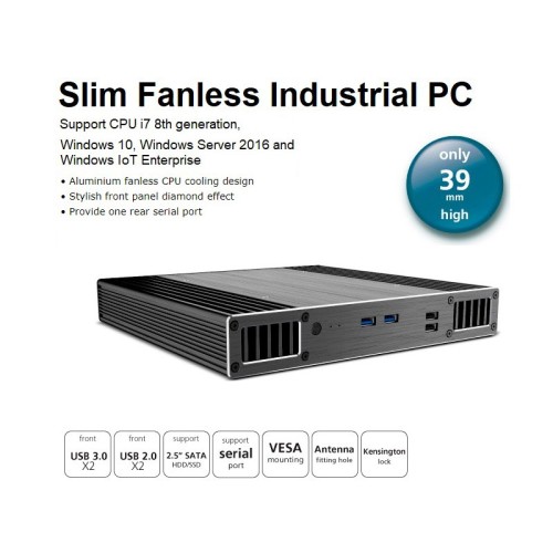 Nuc industriale fanless 7th generation i3 / i5, con supporto Intel Optane ed ssd/hdd 2,5". Slim design