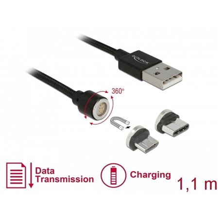 Delock Magnetic USB Data and Charging Cable Set for Micro USB / USB Type-C™ black 1.1 m
